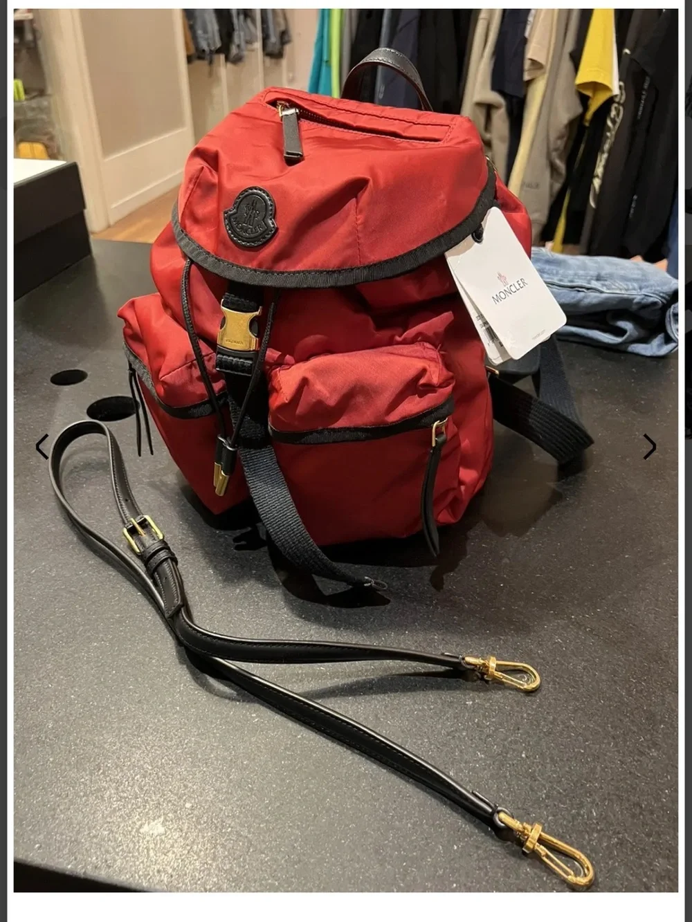 Moncler Red Nylon Mini Backpack with Gold-Tone Accents